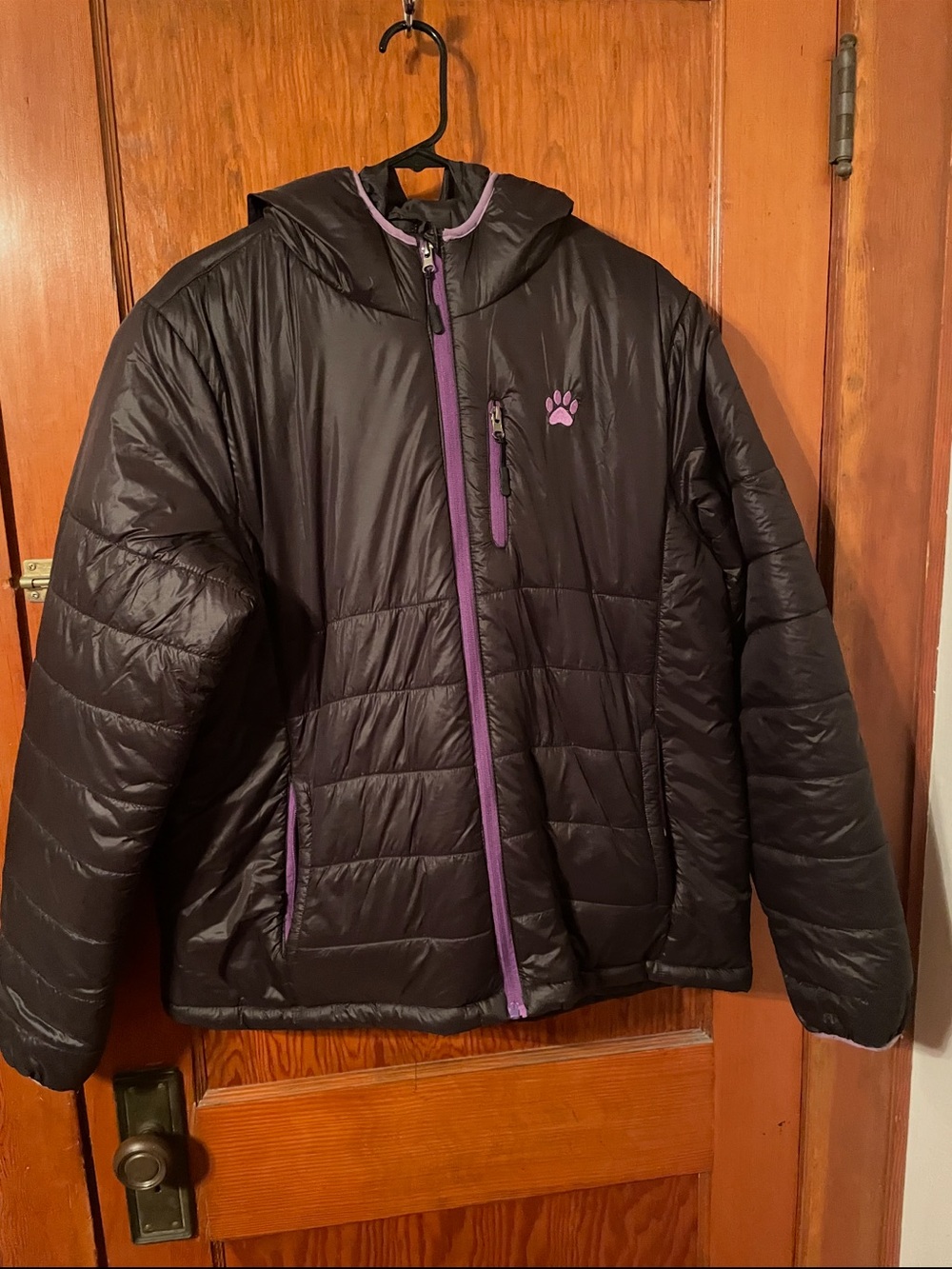 Women's Black Insulated Hooded Jacket with Purple Trim
